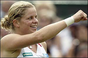 Clijsters celebrates as she reaches her first Wimbledon semi-final