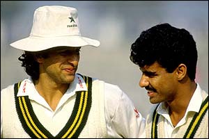 Wasim Akram and Waqar Younis during the Third Test against the West Indies in Lahore in 1990