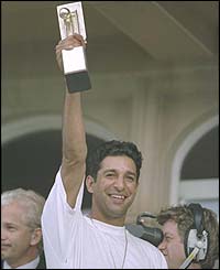 Wasim Akram celebrates Pakistan's series win in 1996
