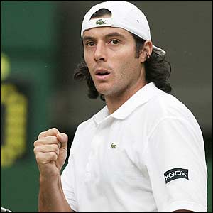 Sebastian Grosjean celebrates as he takes the first set tie-break 