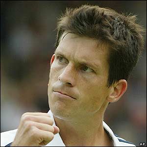 Henman levels the match after winning the second set 6-3