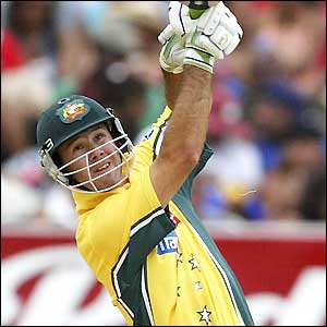 Ricky Ponting hits the ball for six