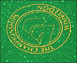 The Wimbledon logo covered in raindrops