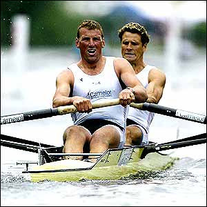 Matthew Pinsent and James Cracknell row against a crew from London Rowing Club in a heat of The Silver Goblets and Nickalls' Challenge Cup during the second day of The Royal Regatta at Henley