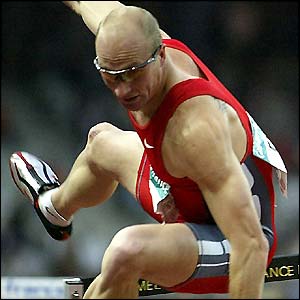South African Shaun Bownes trips up at the final hurdle of his men's 110m hurdles race at the Golden League meeting in Paris