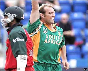 Dion Ebrahim leaves the crease as South Africa's Jacques Kallis celebrates taking his wicket