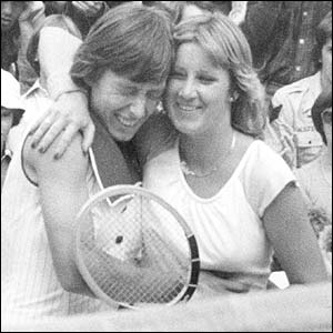Navratilova and Evert Lloyd hug after the 1978 Wimbledon final, won by Navratilova