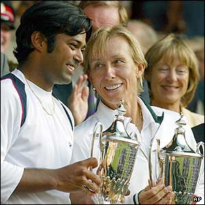 Martina Navratilova equals Billie Jean King's record of 20 Wimbledon titles after she claims the mixed doubles title with Leander Paes 