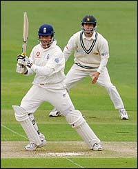 England's Marcus Trescothick hits a cut shot 