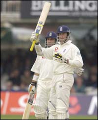 Marcus Trescothick celebrates scoring a half century