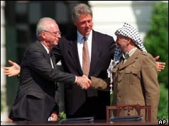Rabin and Arafat shaking hands with Bill Clinton behind