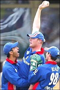 Andrew Flintoff celebrates his stunning catch