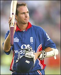 England captain Michael Vaughan acknowledges the crowd after being dismissed for 83
