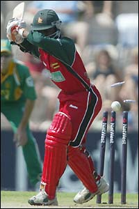 Tatenda Taibu is bowled by Makhaya Ntini