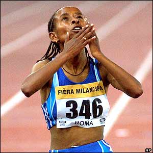 Ethiopia's Meseret Defar reacts after winning the women's 5000m in Rome