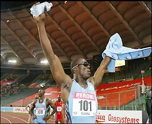 John Capel celebrates his 100m win in Rome