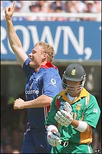 Andrew Flintoff celebrates dismissing Jacques Rudolph