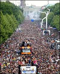 The parade in front of Berlin's landmark Brandenburg Gate 