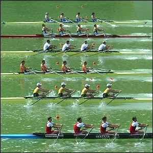 Teams look to get a good start in the men's quadruple sculls semi-final at the Rotsee Regatta in Lucerne, Switzerland 