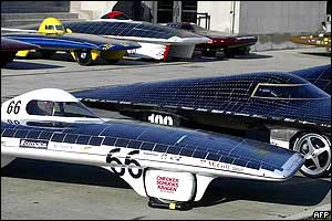 Solar powered cars line up before the race begins at Chicago's Museum of Science and Industry