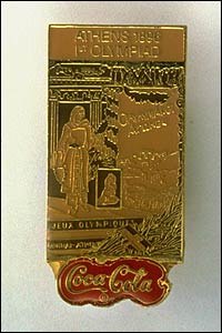 The commemorative pin from the 1896 Athens Olympic Games on display at the IOC Olympic Museum in Lausanne, Switzerland