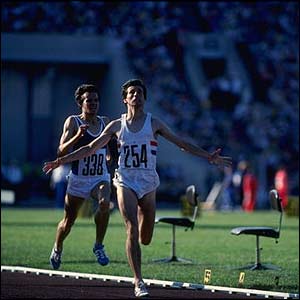 In Moscow, Seb Coe and Steve Ovett went head to head in the 800m and the 1500m. Ovett won the 800, here Coe wins the 1500