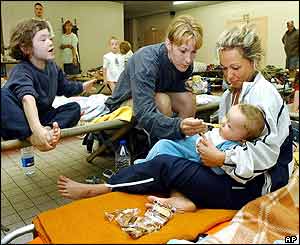 Campers shelter in a sports hall at Biscarosse