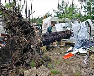 A man looks at his trailer destroyed by a fallen tree at the La Rive campground near Biscarosse