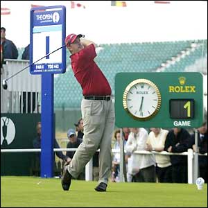 Iain Pyman tees off on the first hole at the 132nd Open Championship