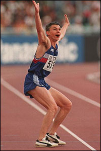 Jonathan Edwards in fine form on the triple jump runway, then realisation... he's broken the world record