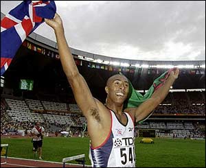 Success for Great Britain as Colin Jackson wins the 110m hurdles
