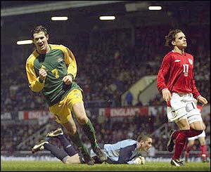 Blackburn's Brett Emerton scores for Australia against England 