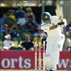 Habibul Bashar is bowled by Brett Lee