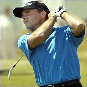 Thomas Levet plays his second shot 