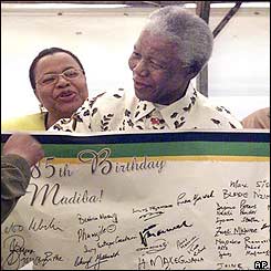 Nelson Mandela (front) and his wife Graca Machel (back) with messages presented to him 