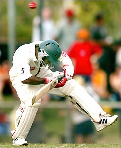 Bangladesh opener Hannan Sarkar ducks under a bouncer