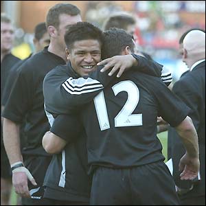 New Zealand's players celebrate after a record win over South Africa