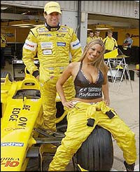 Model Jodie Marsh poses with Jordan driver Ralph Firman 