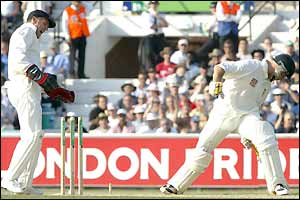 Herschelle Gibbs is bowled by Ashley Giles