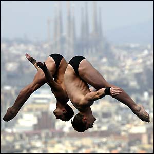 Australian gold medallists Mathew Helm and Robert Newbery dive in the synchro finals at the FINA Swimming World Championships