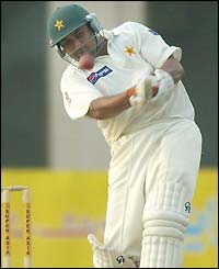 Inzamam-ul-Haq drives during his unbeaten innings of 53