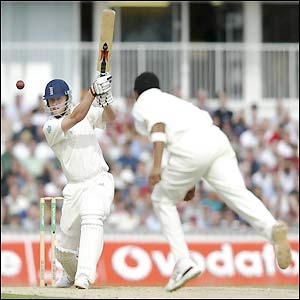 Andrew Flintoff hits out during a brave performance at the crease