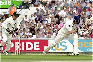 Flintoff is bowled by Adams for 95