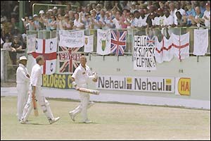 Stewart salutes the England fans after his double-century in Barbados