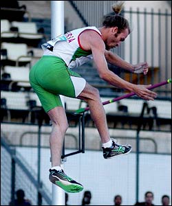 Algerian Bayer Jouri fails to clear the bar during the pole vault