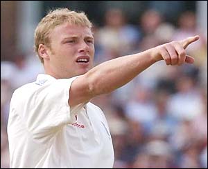 England's Andrew Flintoff directs the field