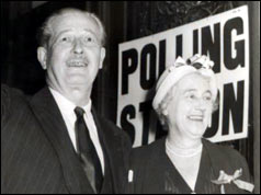 Harold Macmillan after voting on 8 October 1959 with his wife Lady Dorothy