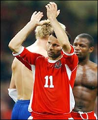 Ryan Giggs applauds the Wales fans at the Millennium Stadium