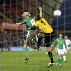 Northern Ireland's Andy Smith goes close to scoring