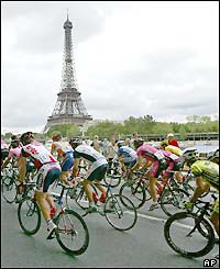 The peloton race past the Eiffel Tower in Paris